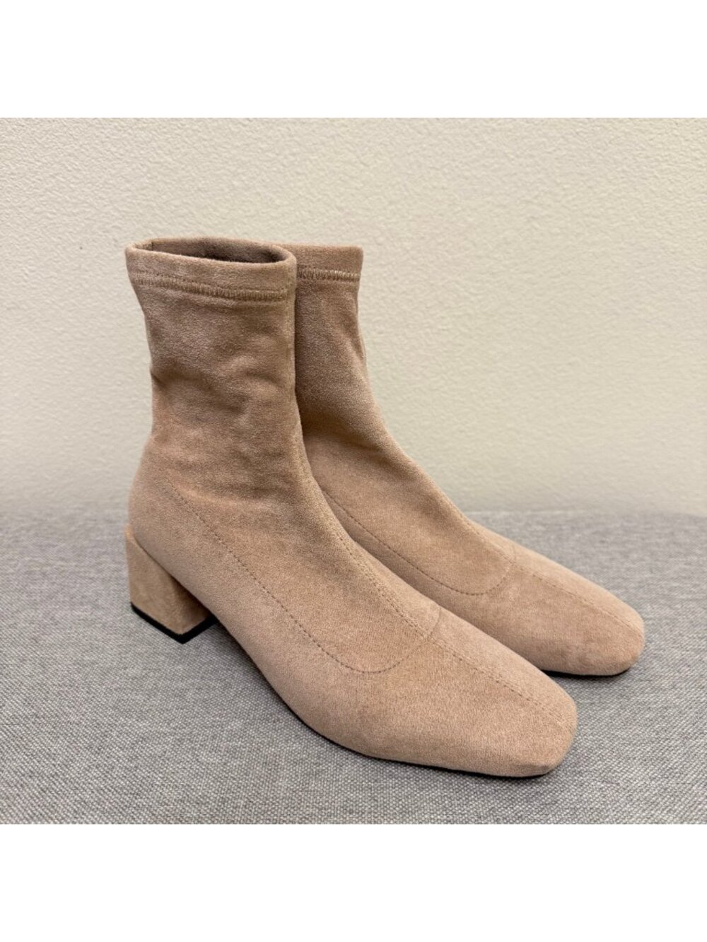 Comfortable Beige Nude Stretchy Sock Ankle Boots Square Toe Block Heels Size 6.5